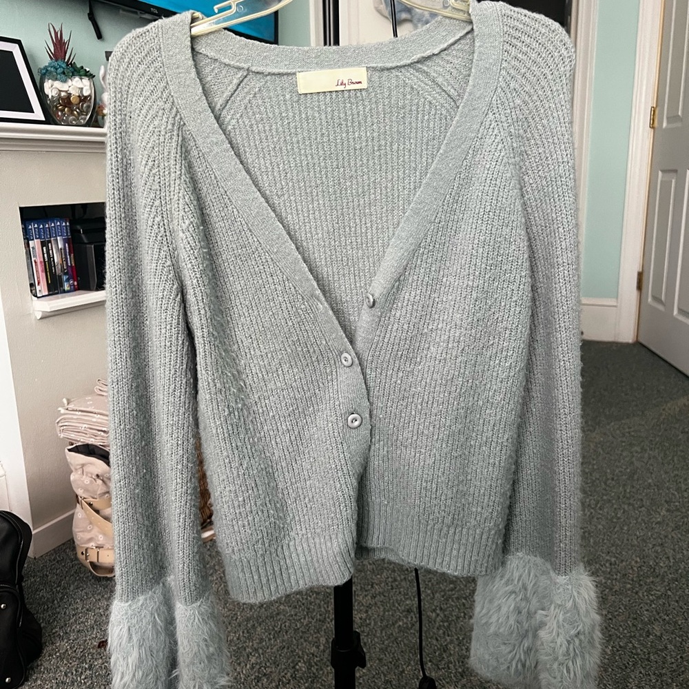 Gray Fuzzy Cuff Knit Cardigan Sweater